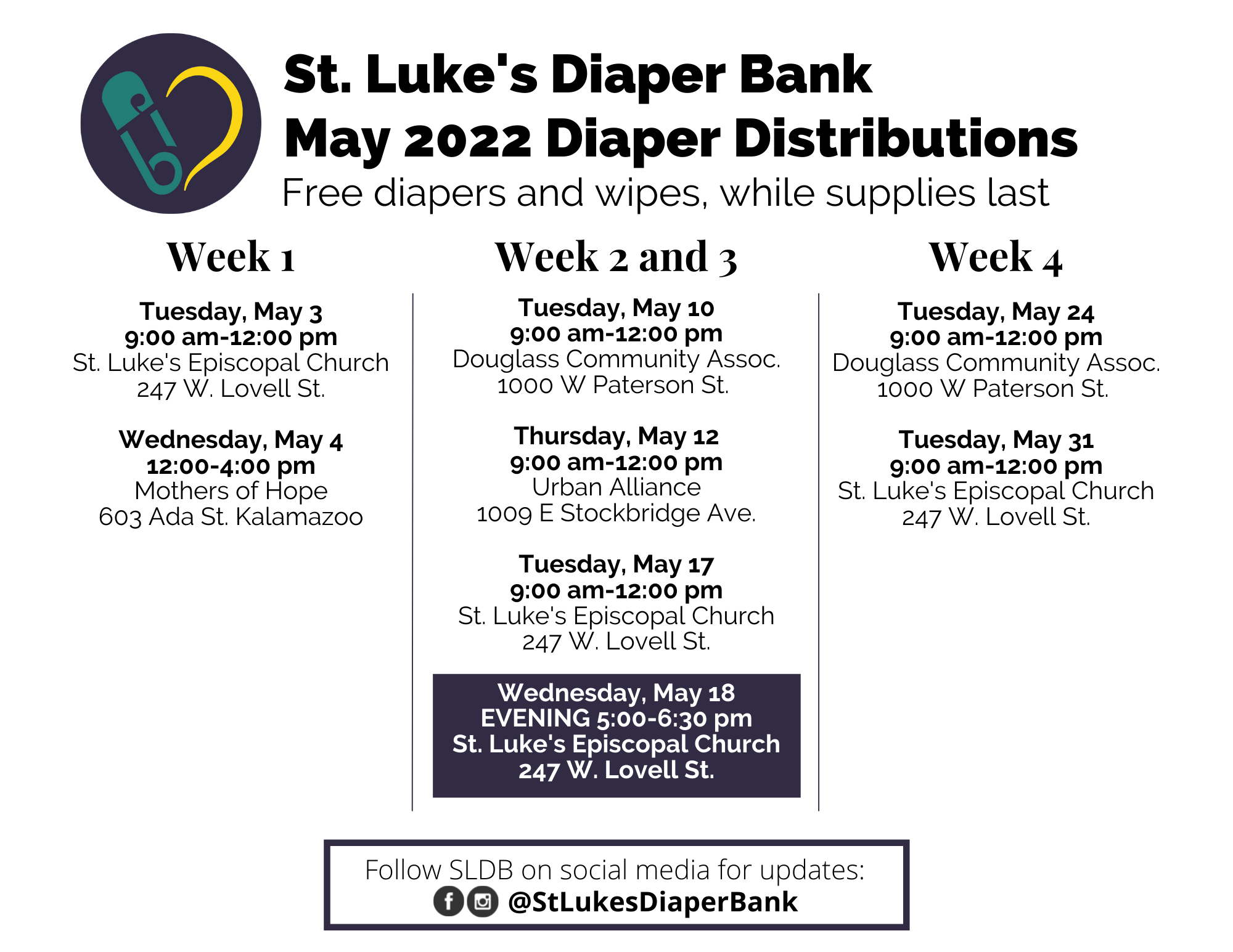 May 2022 Distribution Flyer Color St. Luke's Diaper Bank
